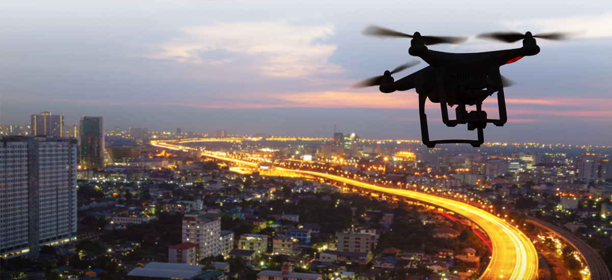 Drones flying over a city