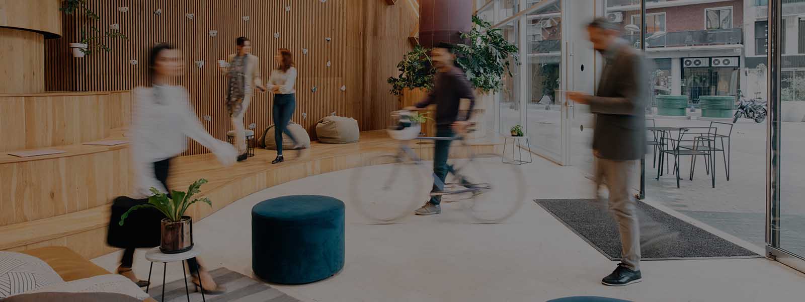 Commuters arriving to office lobby