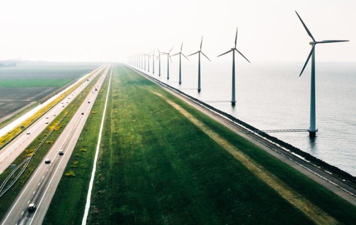 Wind turbines along road