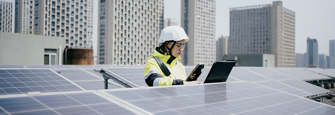 A professional girl observing the reading of Solar Panel