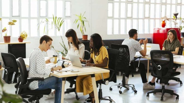 Employees working in the collaborative workspace